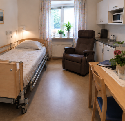 Äldreboenderum med säng, fåtölj, mindre köksdel, bord och stolar